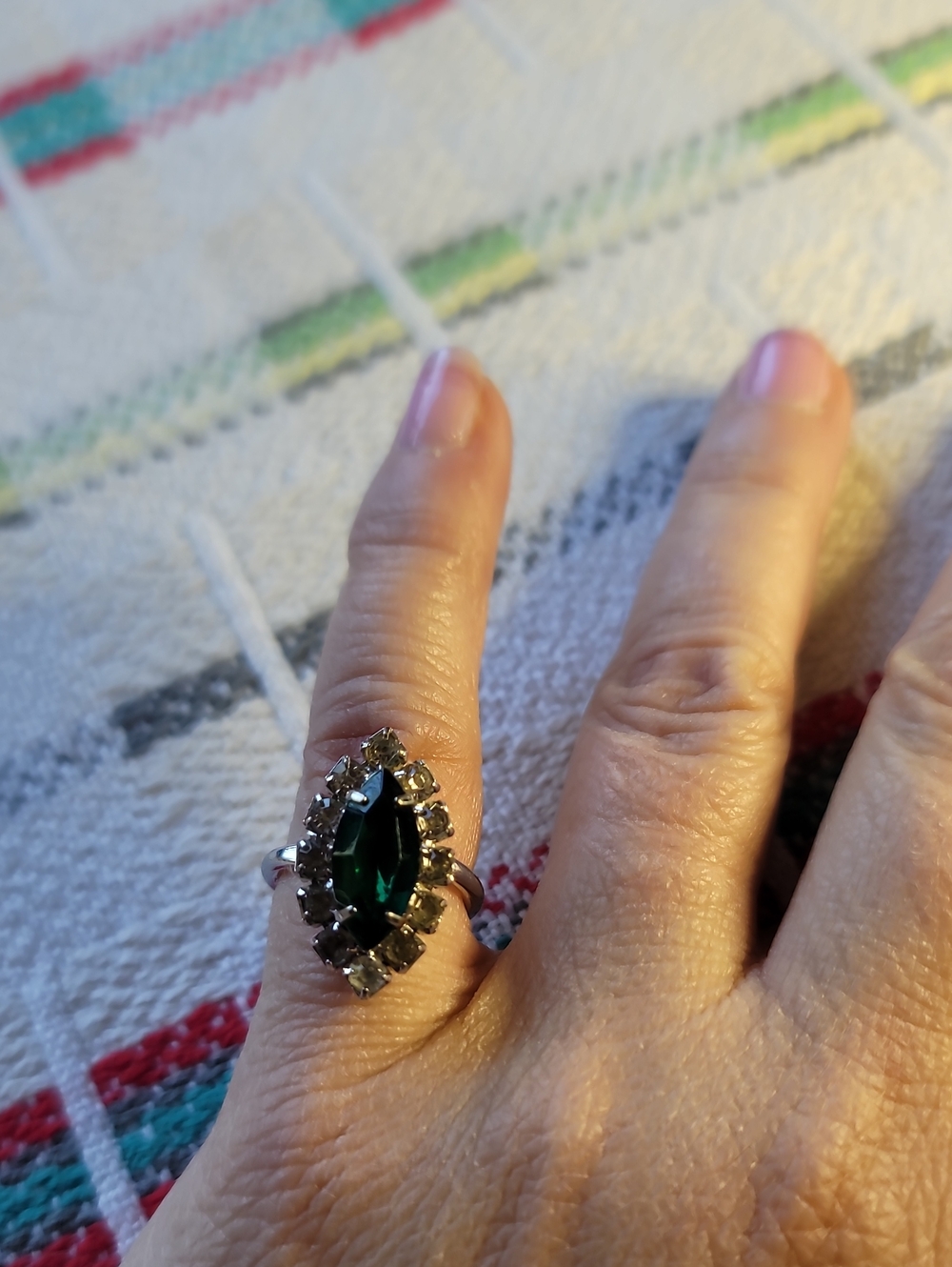 Vintage Adjustable Sarah Coventry Deep Green Marquise Halo Ring